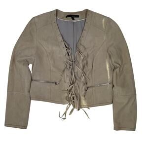 White House Black Market Fringe Leather Jacket Women’s Medium Beige Western Boho
